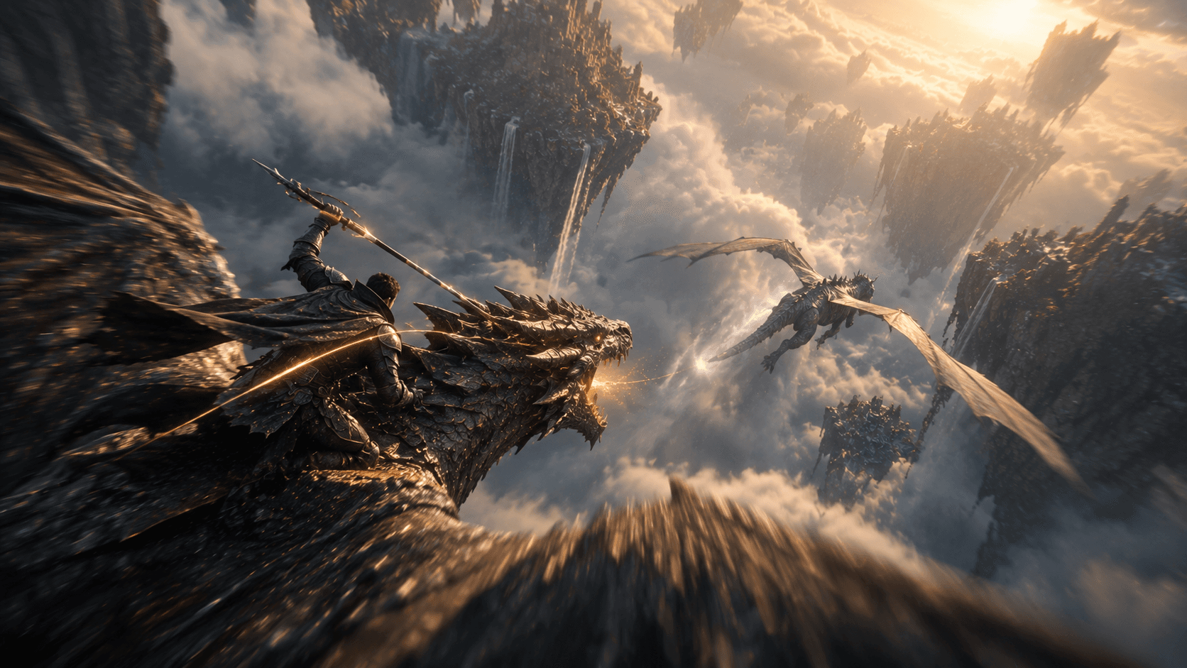an aerial action still — the rider and dragon pursuing prey across open sky between cloud banks.