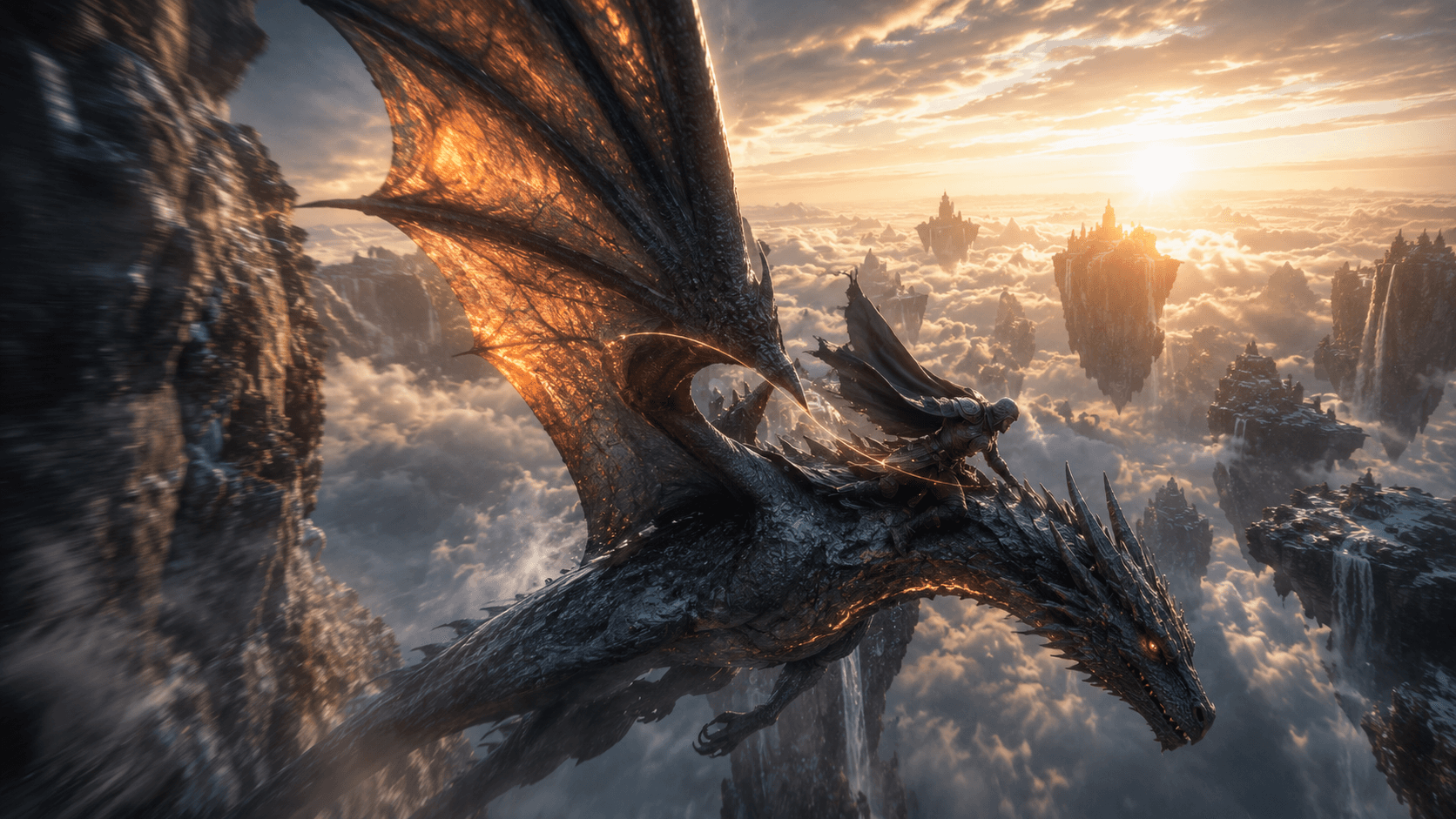 the rider and dragon sweeping low over a dawn-lit bank of cloud, bond thread visible between them.