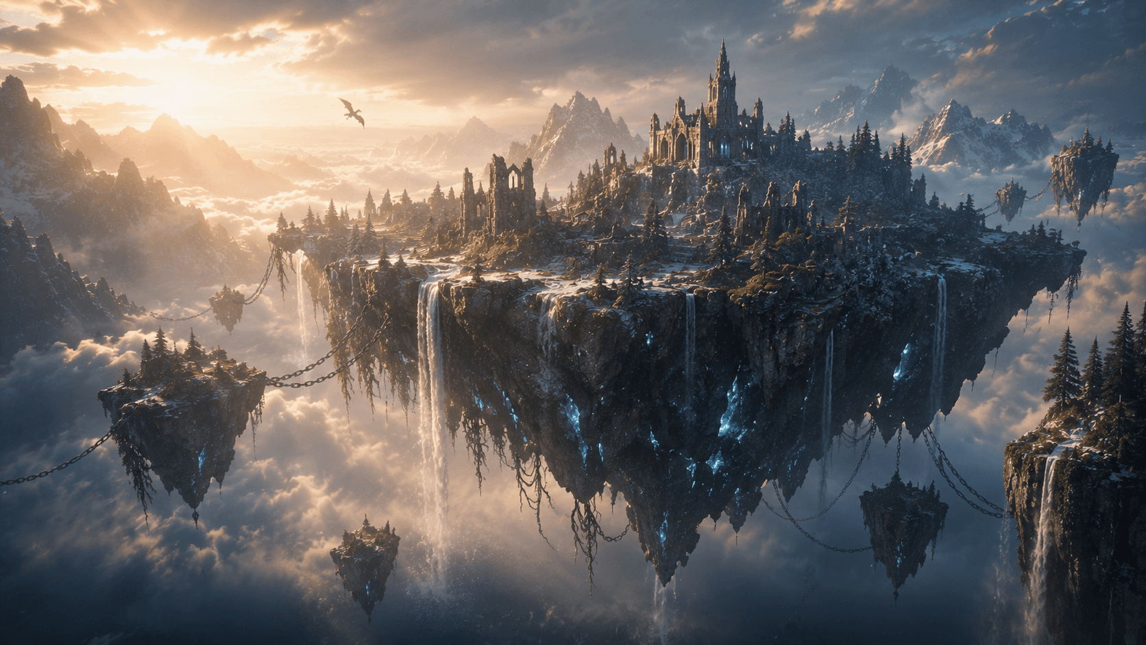 a wide still of a skybond floating isle, with the rider and dragon circling its upper rim.