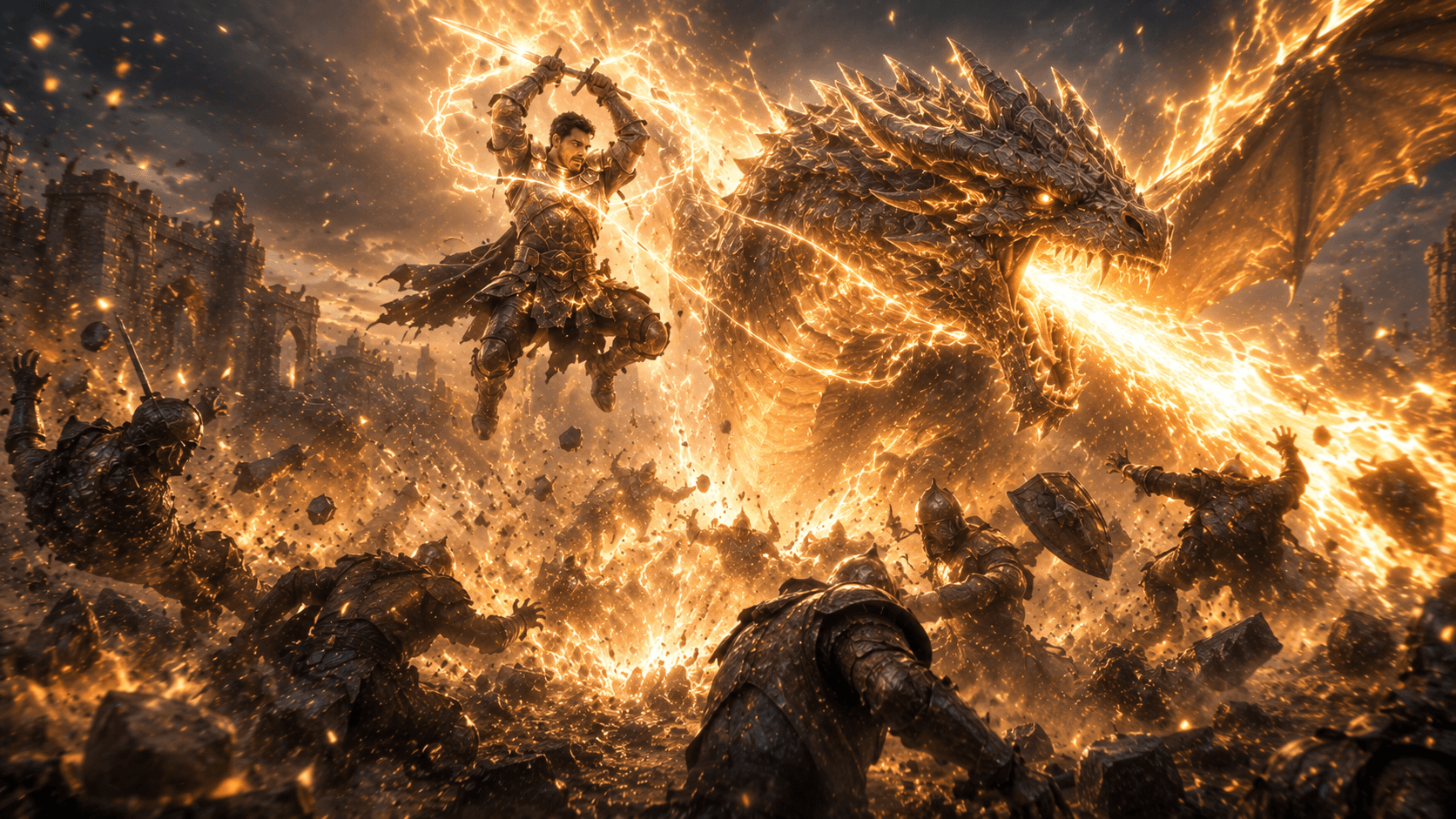 the rider and dragon moving as one — silhouettes merged mid-action against a backlit sky.