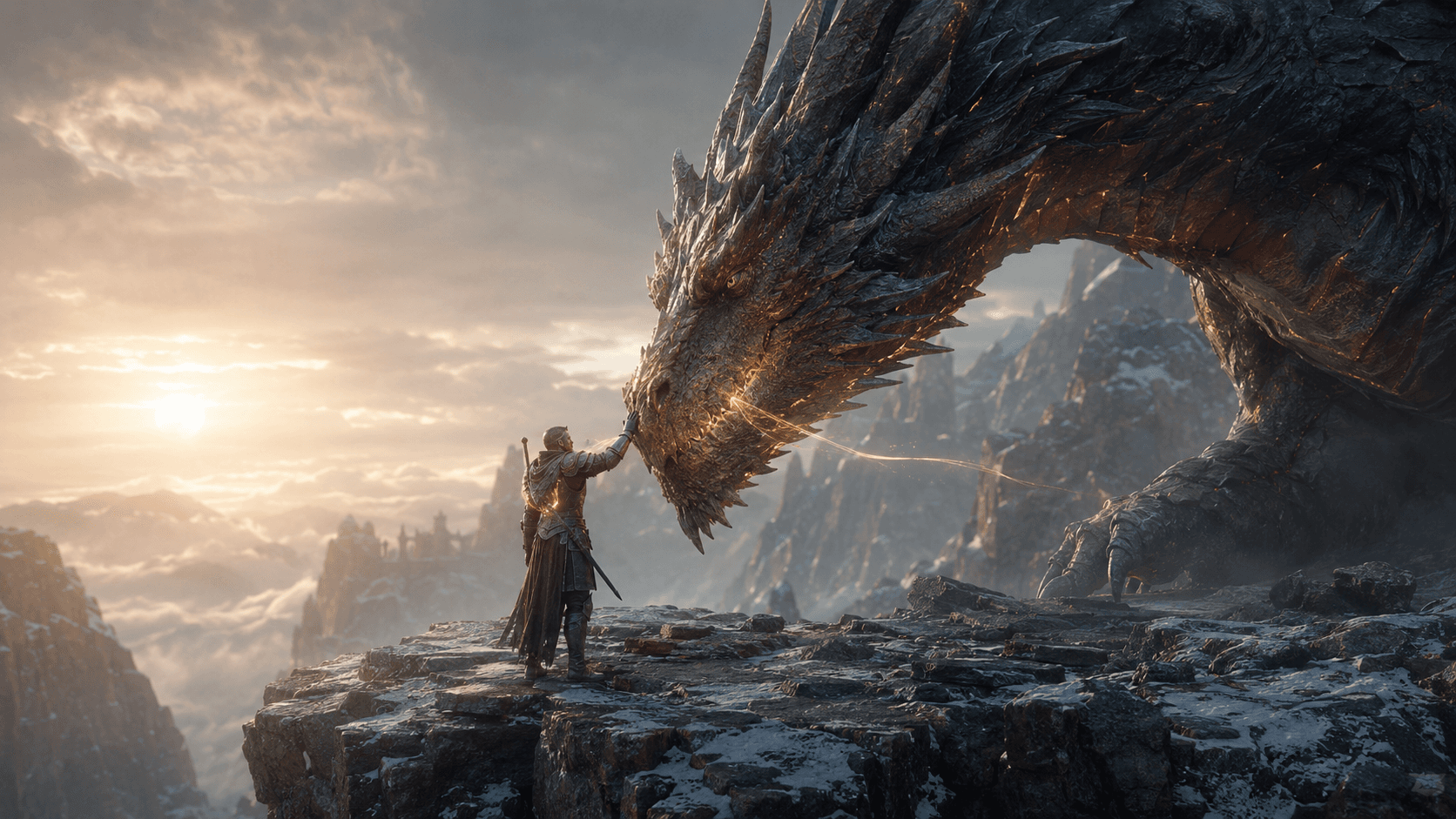 Skybond rider mounted on the dragon, banking through cold dawn light above an open sky.