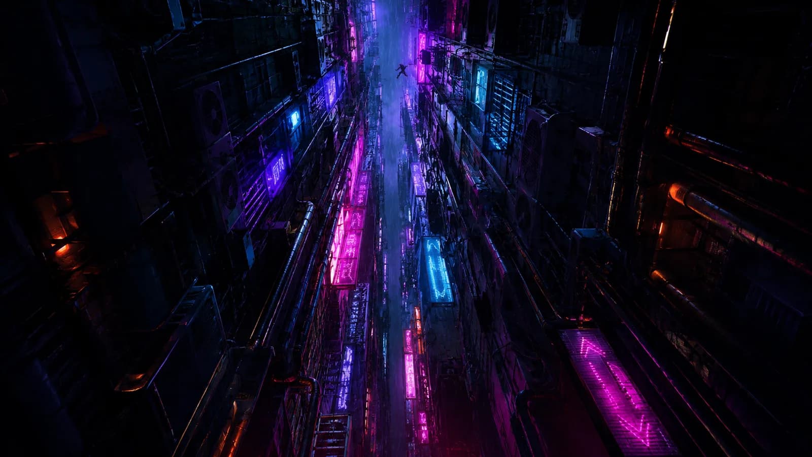 A figure plunges down a vertical cyberpunk alley carved between skyscrapers, walls lined with stacked neon pink and cyan signage, a thin beam of light cutting the gloom.