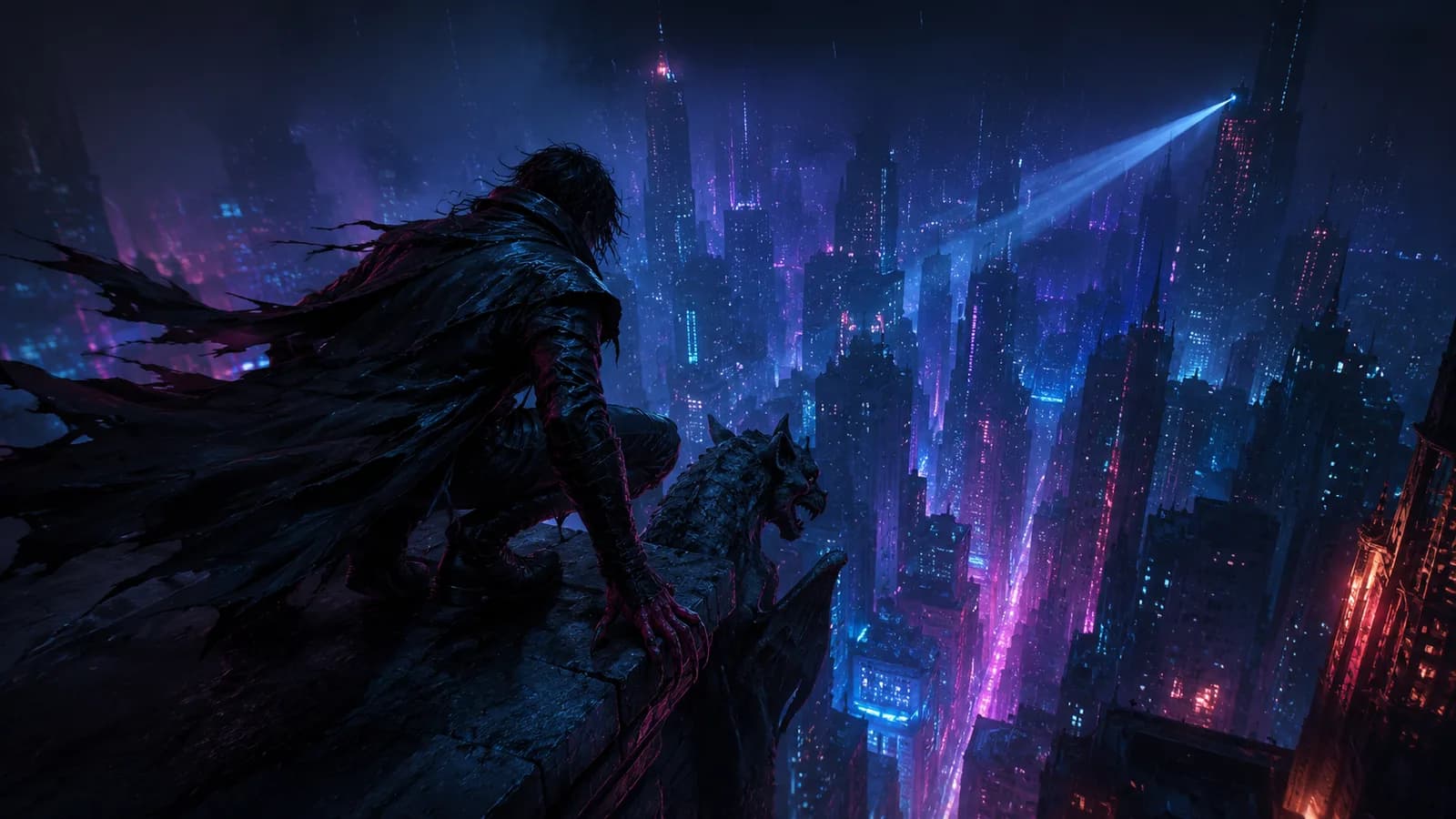 A cloaked figure crouches on a high rooftop ledge, magenta-lit skyscrapers stretching out beneath them in every direction; a search beam sweeps the violet sky overhead.