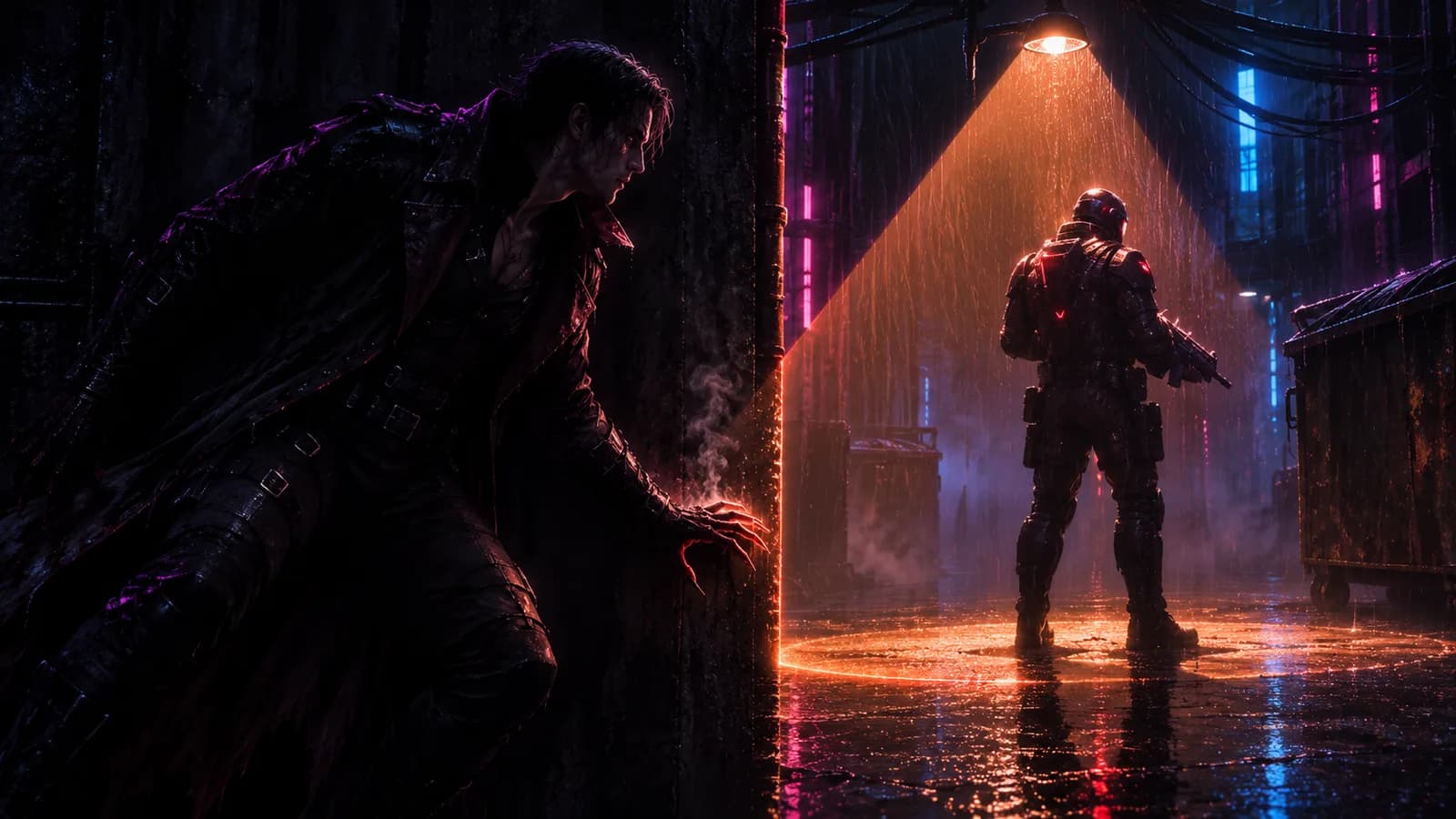 A figure waits in shadow at a wall while an armed soldier steps fully into an orange streetlamp halo at the end of an alley; rain hammers the standing water between them.