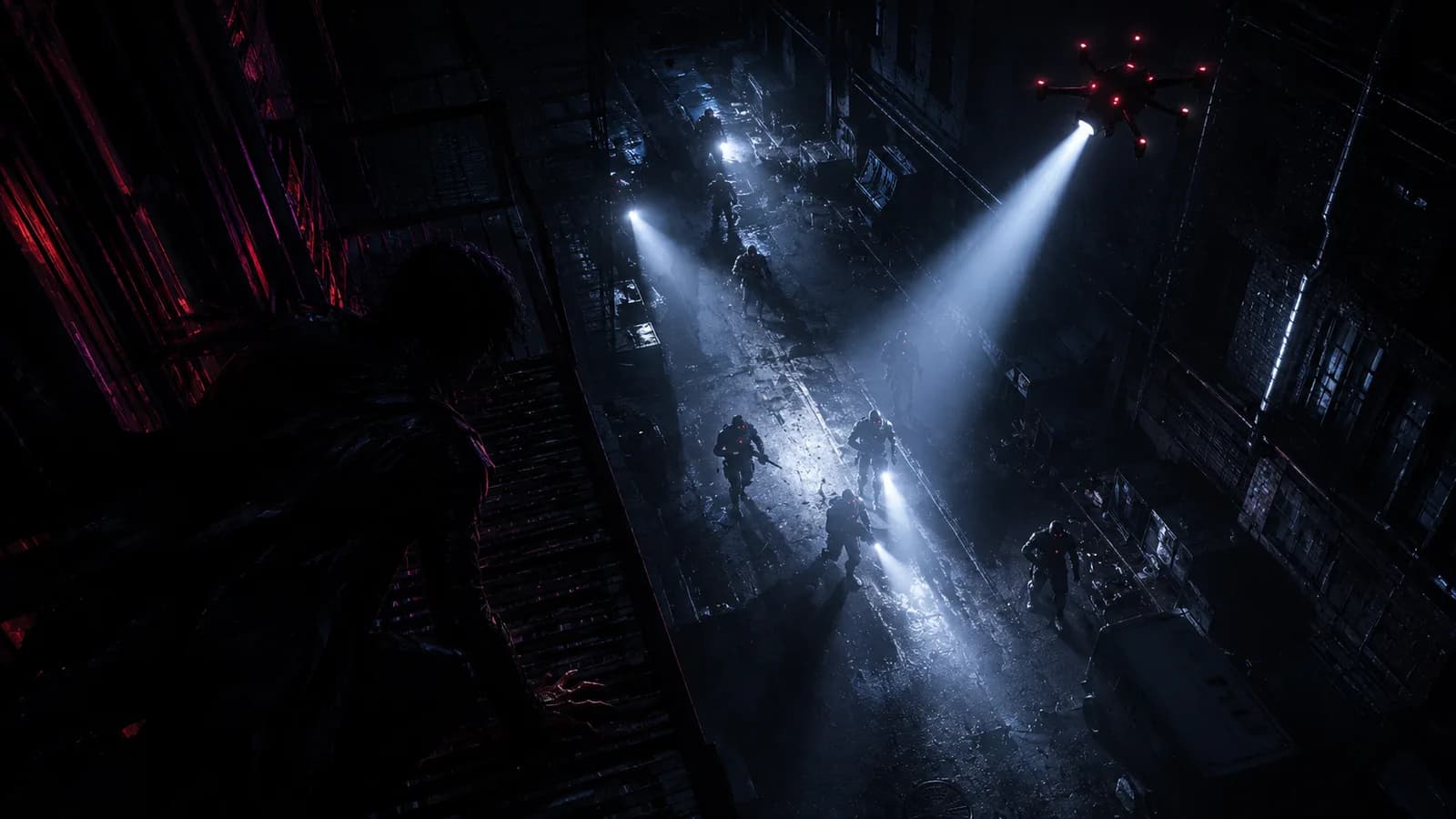 A hunter squad advances through a vertical alley cut by quad-searchlamp beams, dust and rain displaced by the searchlights scattering the dark.