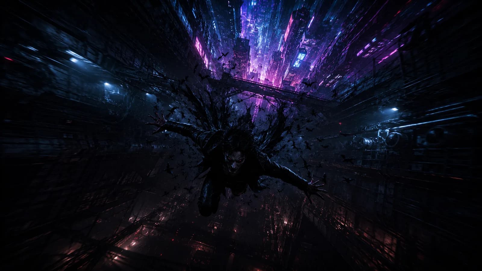 A figure falls through a vertical city stratum — layered neon building faces streaking past, debris scattering outward, the city below rushing up to meet them.