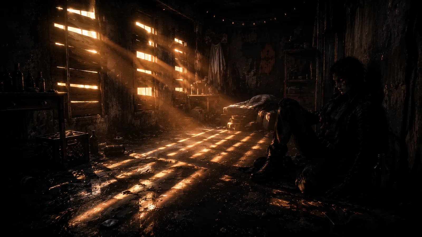 Soft orange light falls through window slats onto a quiet safehouse floor; a figure rests against a weathered wood wall, exhaling the day behind them.