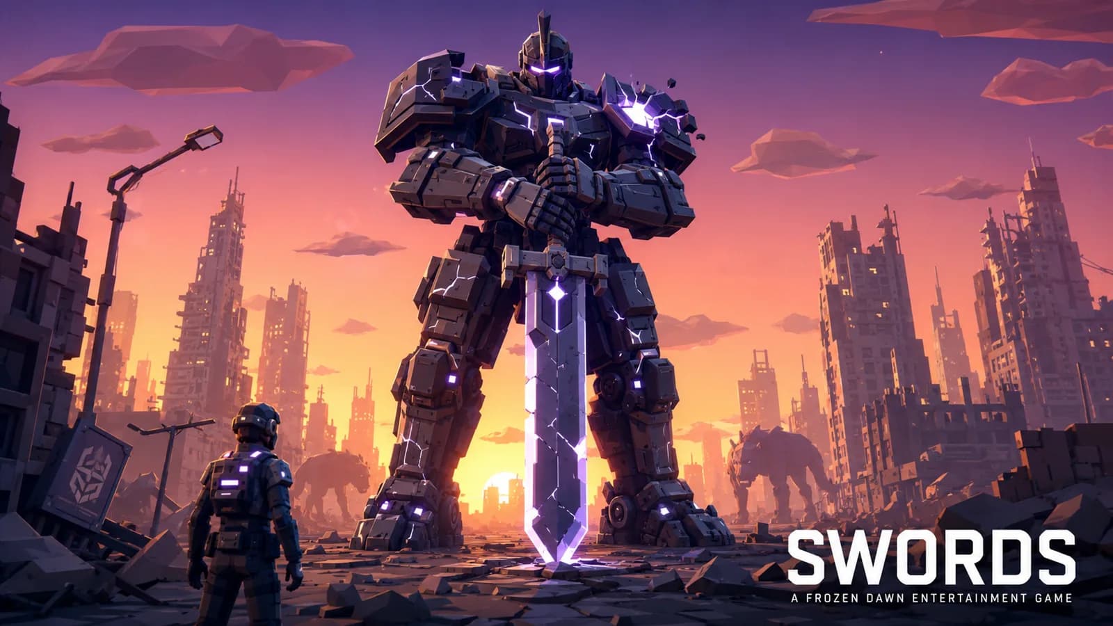PARADOX, a colossal black knight-mech veined with violet light, standing over its human pilot in a ruined city at sunset.