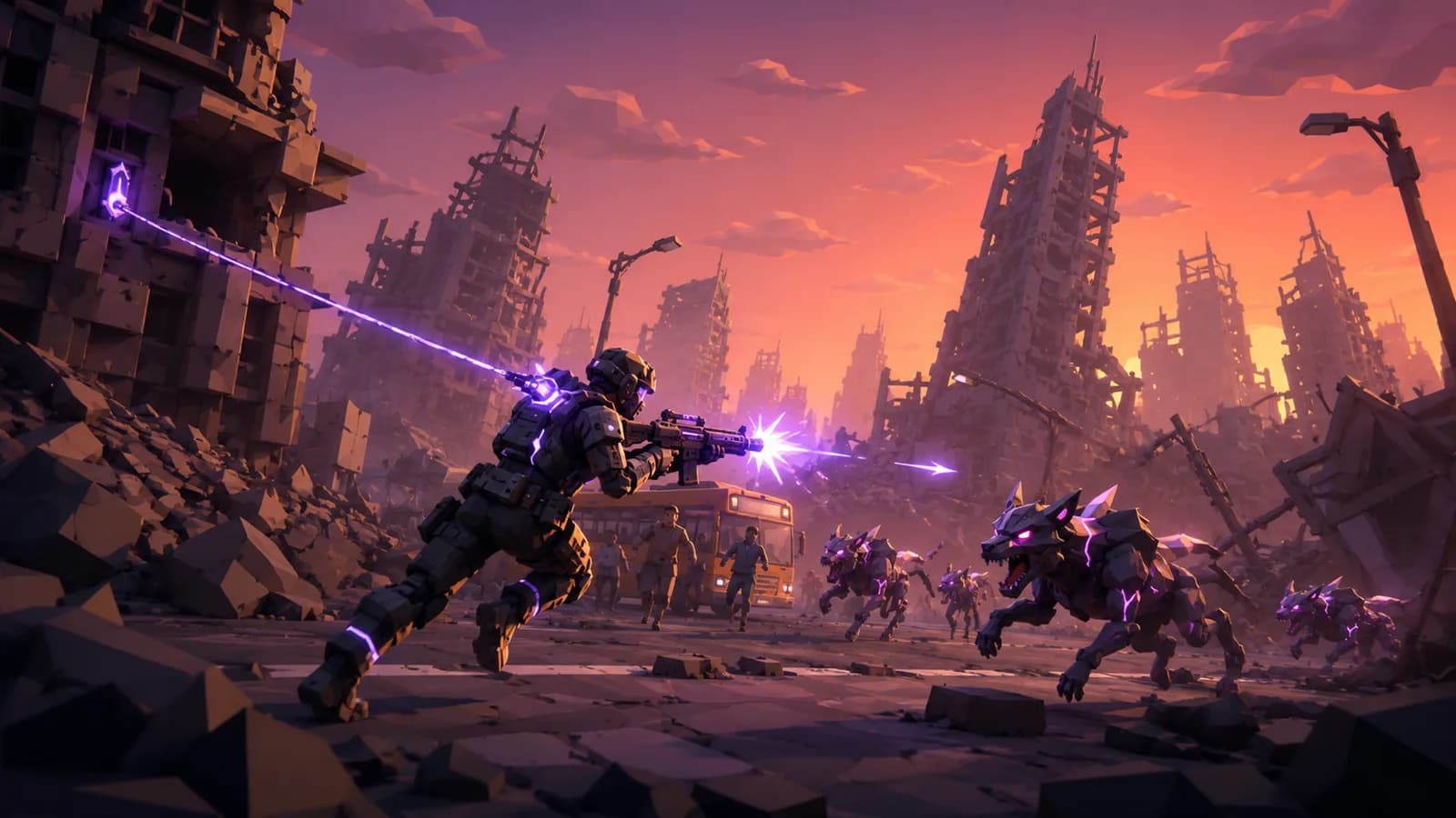 An armored soldier trades violet energy blasts with Riftborn hounds on foot at the edge of a ruined city at sunset.