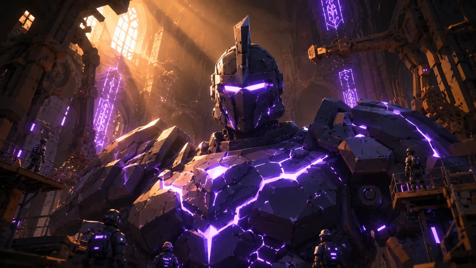 PARADOX rises inside a cathedral riven by Riftborn strikes, violet veins pulsing through sixty meters of ancient war steel.