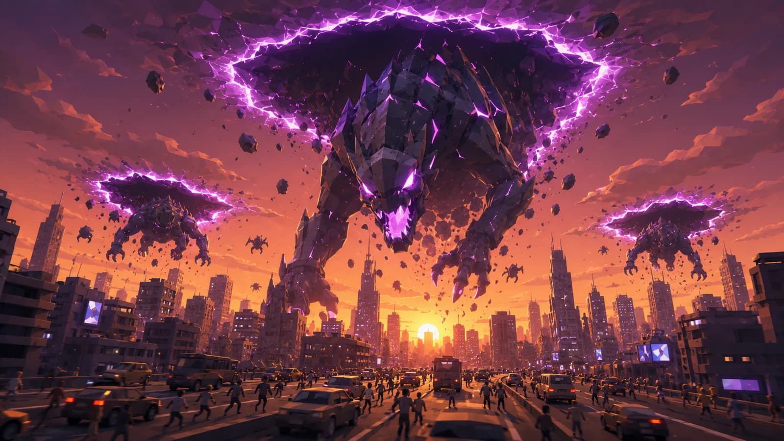 Three Riftborn silhouettes carve open violet rifts above an intact city skyline at sunset, civilians watching from the streets below.