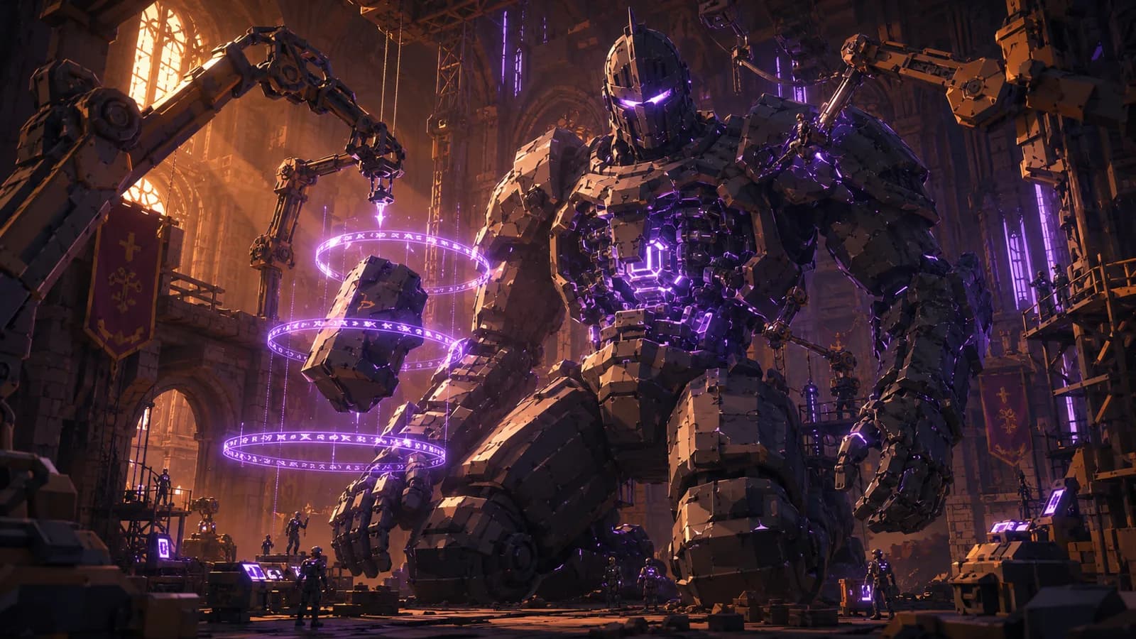 PARADOX reclaims the first recovered blade-segment under the beams of a ruined cathedral, the sword glowing violet as it locks into place.