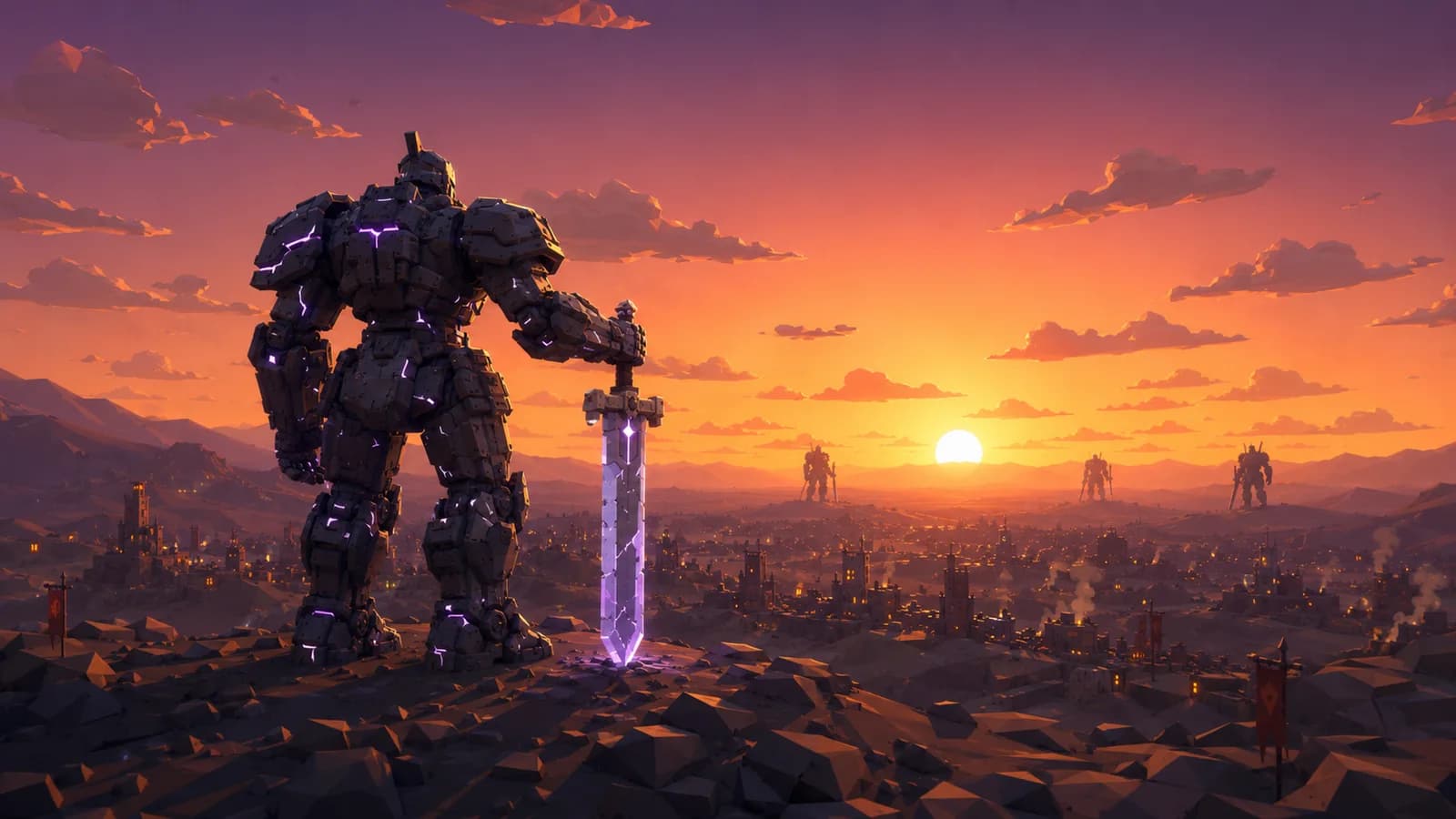 PARADOX stands alone on the outskirts at sunset, the reclaimed blade planted in the rubble, twilight dragging the day out to its end.