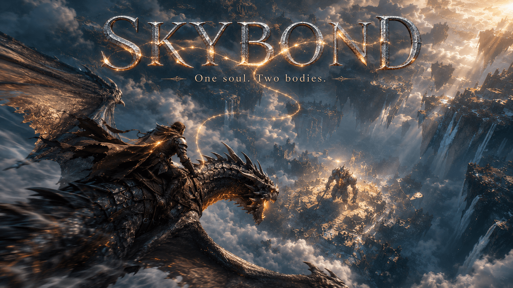 SKYBOND — rider + dragon banking through cold dawn light, bond rendered as a golden thread