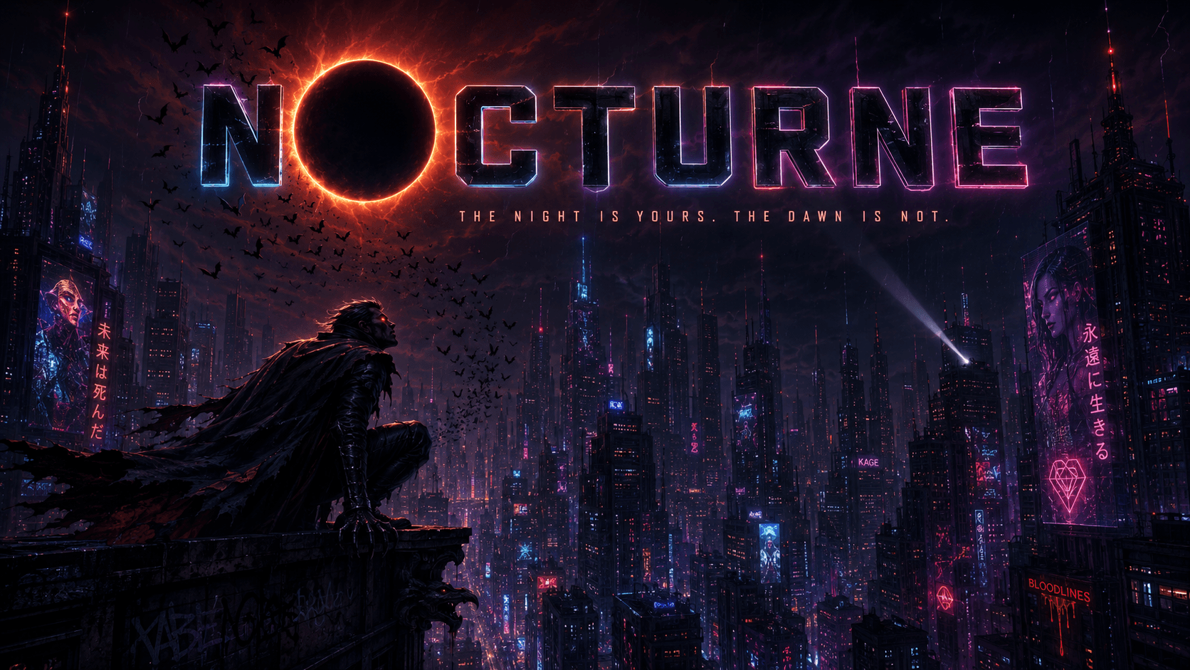 NOCTURNE — lone cloaked silhouette on a gargoyle ledge high on a vertical neon megacity